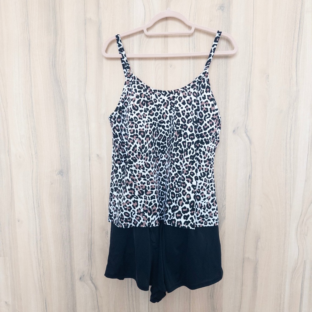 Trimshaper Womens Swimsuit Size 16 Black Leopard Tankini Set Beach Resort Modest